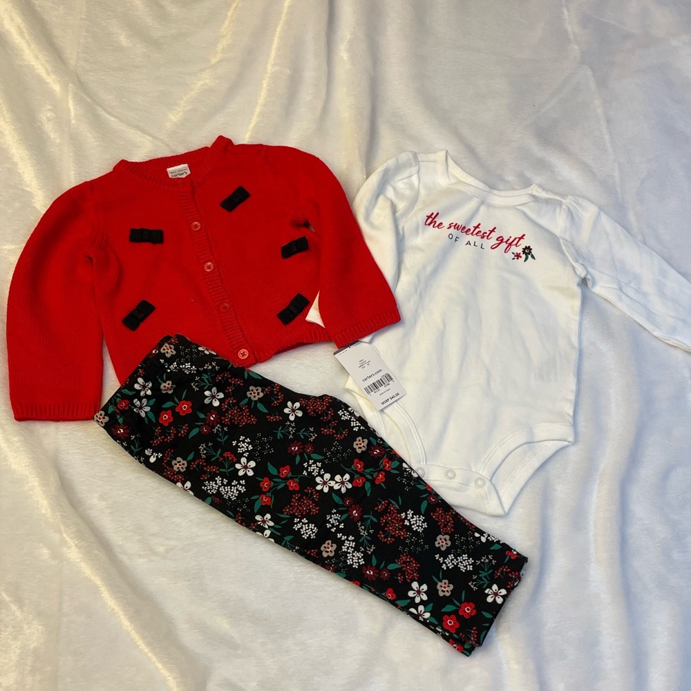 Carter’s 3 piece outfit sweater, long sleeve onesie, and pants